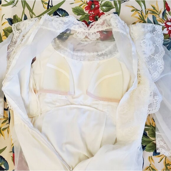 Alfred Angelo Vintage 70s Wedding Dress Lace Prairie Cottagecore Boho Train - Picture 9 of 14